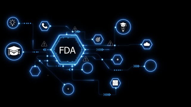 FDA Regulatory Compliance Interface with Circular Digital System and Healthcare Icons on Dark Technology Background Representing Medical Approval Process. technology interface.
