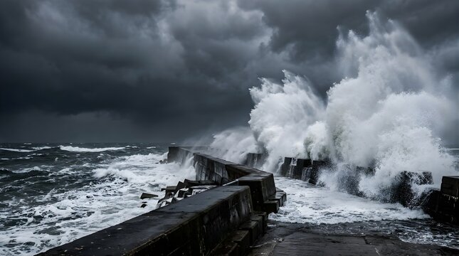 Massive ocean waves crashing against a harbor breakwater in a storm