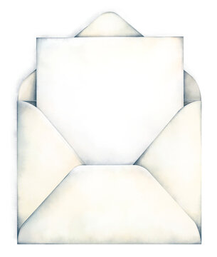 Watercolor hand drawn white open envelope with blank card peeking out, soft shadow, isolated on white background. Delicate invitation mockup. Clean simple illustration, template with copy space