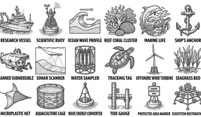 Oceanography and Marine Technology Line Icon Set – Environmental Conservation Vector Collection © Tohosina