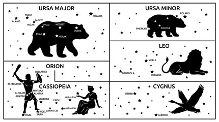 Constellation, astronomy chart, star map, educational poster, black and white isolated on White Background flat vector eps silhouette © LAIJU 