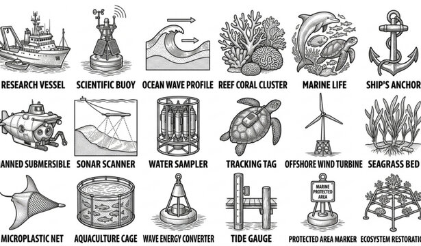 Oceanography and Marine Technology Line Icon Set &ndash; Environmental Conservation Vector Collection