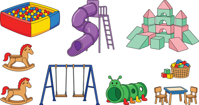 Playground Playroom Vector Illustration Featuring Ball Pit, Slide, Rocking Horse, Swing, Tunnel, Blocks, Table, Chairs