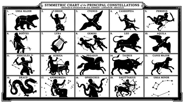 Zodiac, Constellation, Astrology Chart, 12 Signs isolated on White Background flat vector eps silhouette