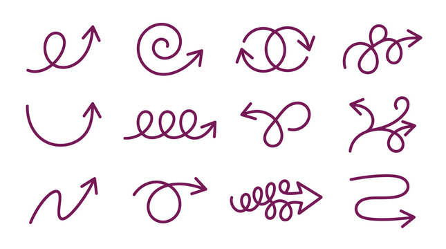 Collection of purple hand-drawn loopy and wavy arrows.