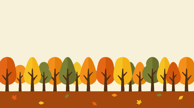 Minimalist flat design autumn forest background with colorful trees and fallen leaves
