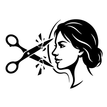 Minimalist black and white silhouette of a calm female face with a shattered scissors, representing strength and defense.
 