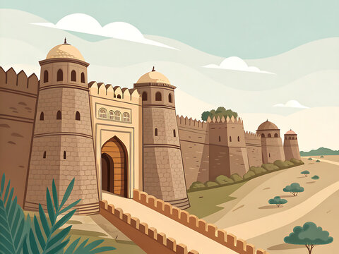 Rohtas Fort, Bihar, India, modern limited color vector illustration, massive stone fortifications, geometric architecture, clean flat design,