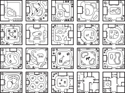 A collection of twenty zoo enclosure blueprints, illustrating diverse habitats and animal exhibit designs, meticulously arranged in a grid for easy comparison and planning.