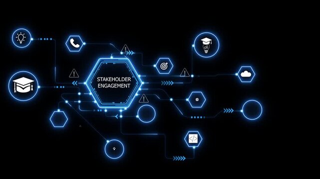Connecting stakeholders through digital engagement networks, collaboration focused animation with glowing data links and shared communication systems. on transparent background.
