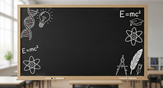 Empty Black Chalkboard with Science and Education Doodles, Ready for Your Message