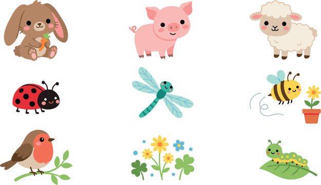 Cute spring farm animals and garden insects vector set with cartoon bunny, pig, sheep, bird, bee, ladybug, dragonfly, caterpillar, and flowers on white background.