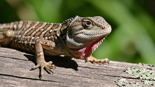 Close-up of a reptile with brown and tan scales opens its pink mouth while resting on a weathered wooden log in natural daylight