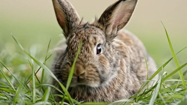 Adorable fluffy rabbit relaxing in lush green grass with erect ears, soft brown and gray fur, and bright eyes