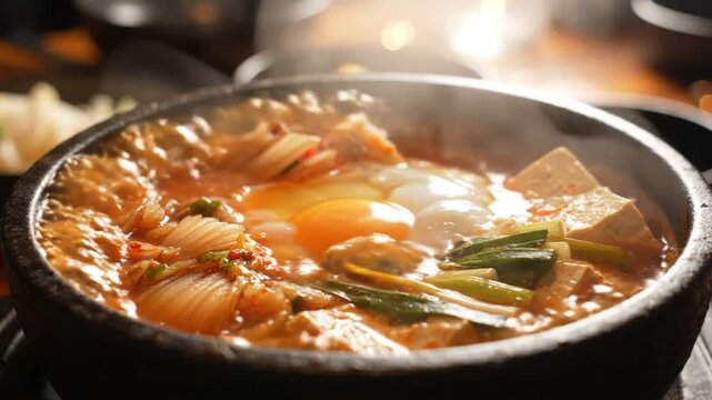 Close-up of steaming hot bowl of kimchi jjigae with egg and tofu, popular Korean stew