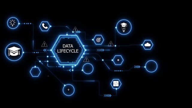 Data lifecycle network animation with connected digital icons and glowing nodes, abstract data processing, management and analytics workflow visualization on transparent background