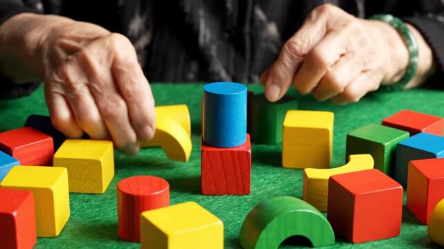 Elderly hands carefully stacking colorful wooden building blocks on a green surface, demonstrating fine motor skills