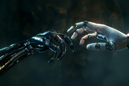 Two robotic hands reaching out to touch each other in darkness