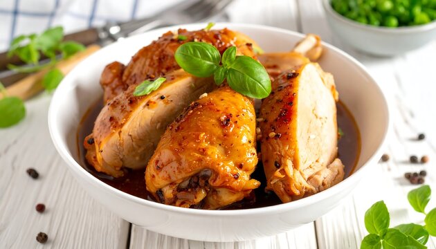 Braised chicken cutlet on the white neat bowl 