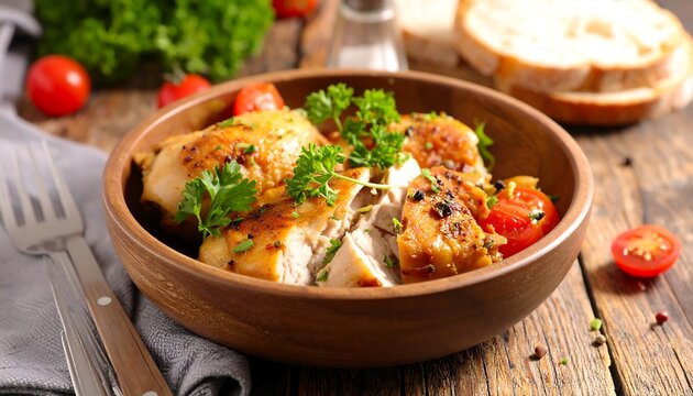Braised chicken cutlet on the neat wooden bowl 