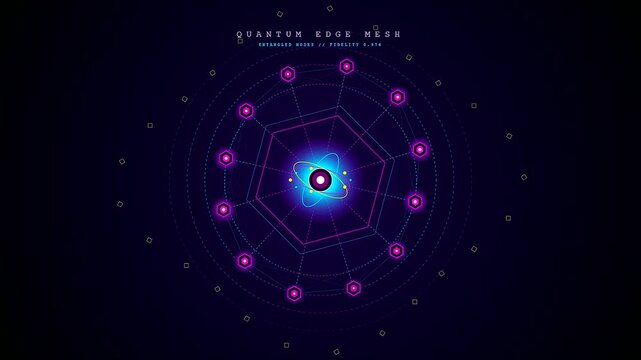Animated abstract visualization of a high speed edge computing network with spinning central nucleus and pulsating purple nodes transmitting quantum data continuously.