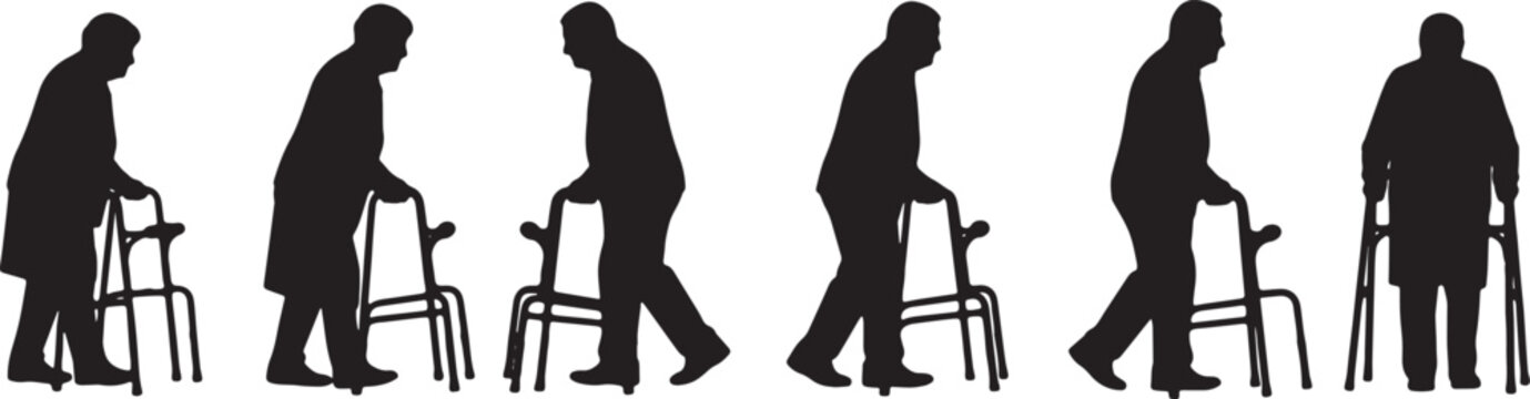 Black Solid Walking Frame Assisted Silhouettes Set of Six on White Background