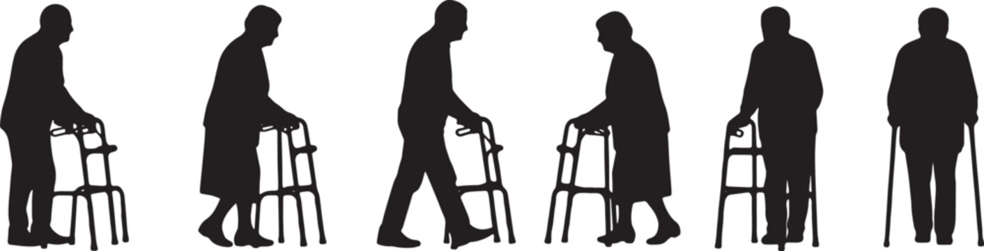 Black Solid Walking Frame Assisted Silhouettes Set of Six on White Background