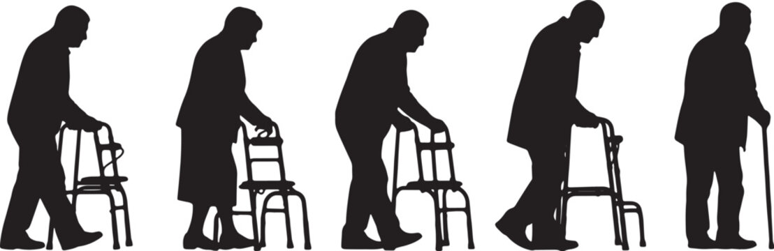 Black Solid Walking Frame Assisted Silhouettes Set of Six on White Background