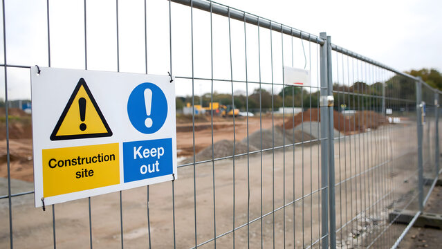 Warning sign on a metal wire fence surrounding an active construction site