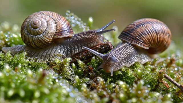 Close-up of two snails on a bed of green moss with glistening water droplets, macro nature scene