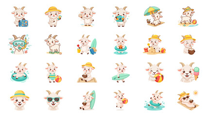 Obraz premium Cute Cartoon Goats Enjoying Summer Beach Vacation Activities