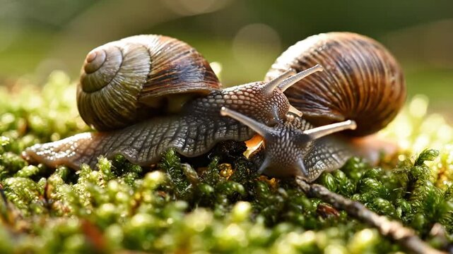Close-up of two snails touching antennae resting on lush green moss in their natural habitat