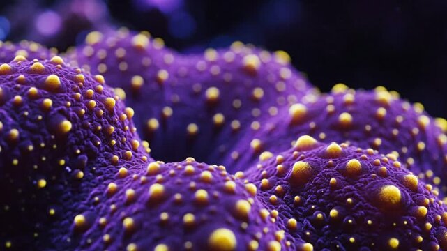 Close-up of vibrant purple coral with yellow-tipped polyps in underwater marine environment