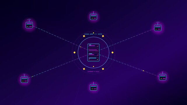 A futuristic glowing neon edge computing network transmits data packets seamlessly between centralized databases and remote nodes in an animated digital visualization loop.