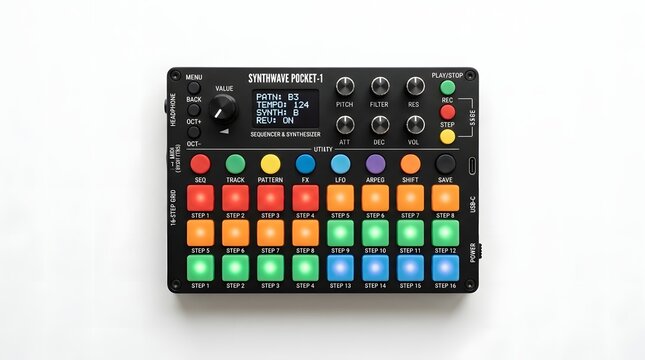 Top-down studio shot of a boutique digital pocket synthesizer and sequencer with colorful silicone buttons and a tiny OLED display