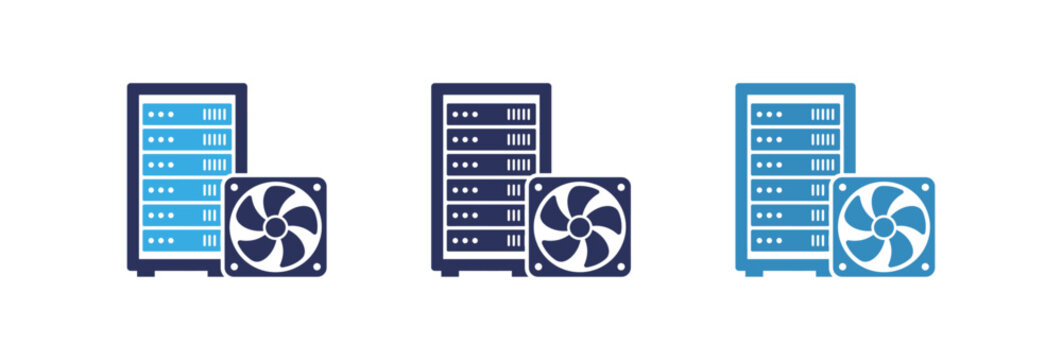 Data center server rack and cooling fan icons in three different color styles.