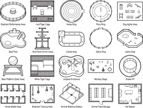 Collection of zoo enclosure floor plans and diagrams, featuring various animal habitats and facilities like elephant performance area, lion/tiger cage, horse ring, dog agility area, seal pool.