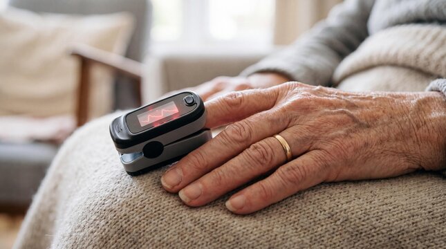 Senior person using fingertip pulse oximeter to monitor oxygen saturation