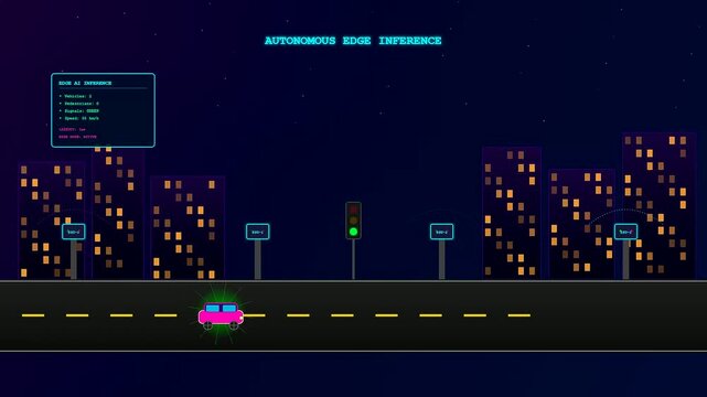 With an Edge Computing Network actively processing traffic signals a smart vehicle navigates a dark city highway on its autonomous night journey