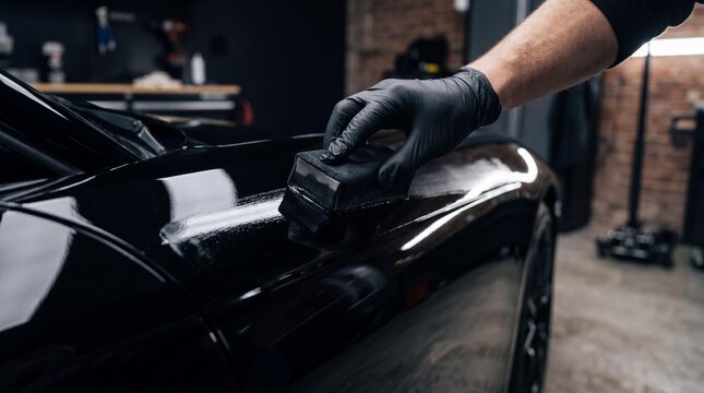 Detailer applying ceramic coating paint protection to a black luxury car