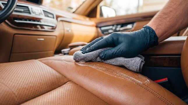 Cleaning luxury tan leather car seat during professional interior detailing.