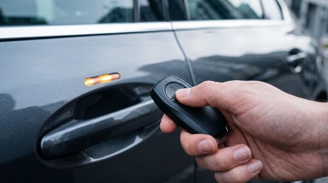 Hand pressing a button on a smart key fob to unlock a modern grey car door.