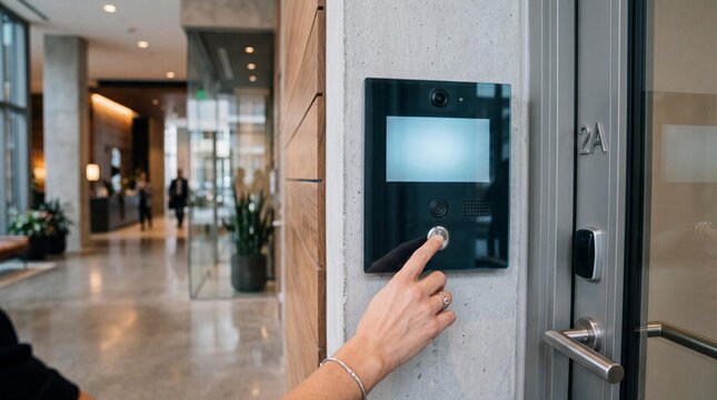 Woman pressing a button on a modern video intercom system for secure entry