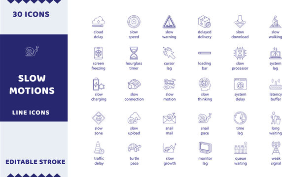 Slow motions vector icons. Network latency tech delay and low system performance line signs set. Snail mail buffering icon