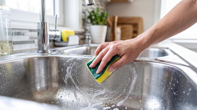 Close up of hand cleaning a stainless steel kitchen sink with soapy sponge