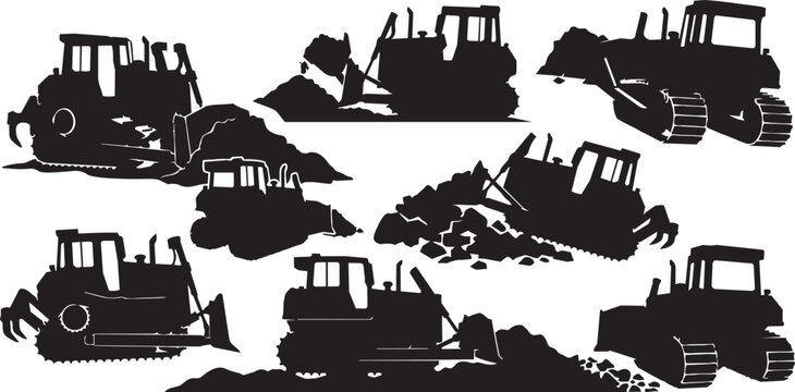 Bulldozer icons, heavy machinery silhouettes, construction equipment, industrial vector graphics