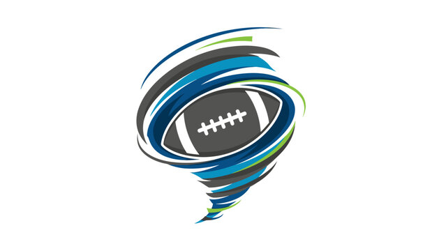 Rugby ball swirling through a dynamic stormy vortex with blue and green streaks