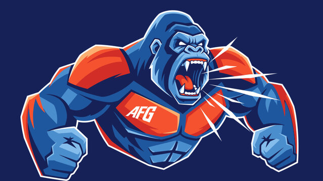 A muscular gorilla wearing a red and blue costume with AFG logo roars aggressively.