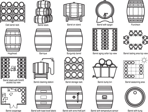 A collection of line drawings illustrating various types of wooden barrels and their storage solutions, showcasing different styles and uses.