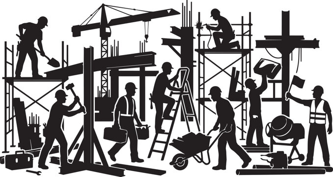Construction workers, building site, industrial laborers, silhouette icons, black and white